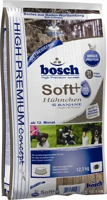 A bag of Bosch dog food with images of dogs and text describing the product.