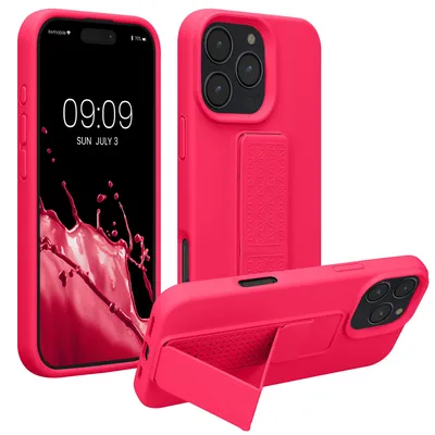 Produktbild von kwmobile Handyhülle für Apple iPhone 16 Pro Max Hülle - TPU Silikon Case mit Fingerhalter und Stand - Schutzhülle Cover in Neon Pink