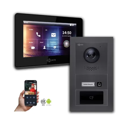 Produktbild von Goliath IP Video Türsprechanlage 7-Zoll 1-Monitor RFID Anthrazit : Aufputzdose : 7 Zoll in Schwarz : 4er POE (Standard) Türklingel