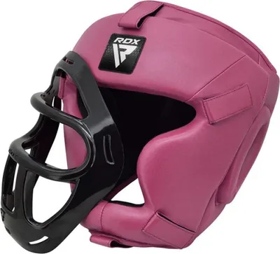 A pink RDX sports headguard with a black face cage.