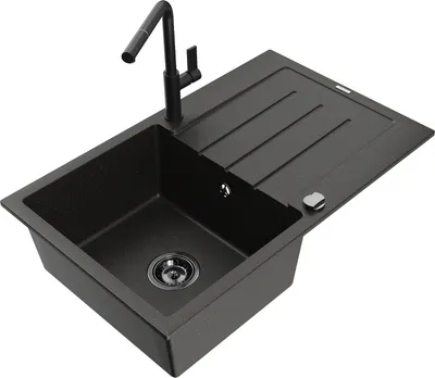Produktbild von Mexen Bruno 1 Becken-Granitspüle mit Abtropffläche und Mischbatterie Flora, Schwarz/Gold metallisch - 6513-75-670401-70-B
