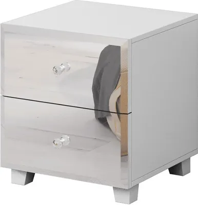Image de Table de chevet LIVORA – 2 tiroirs – Blanc mat avec façades miroir – Élégance contemporaine