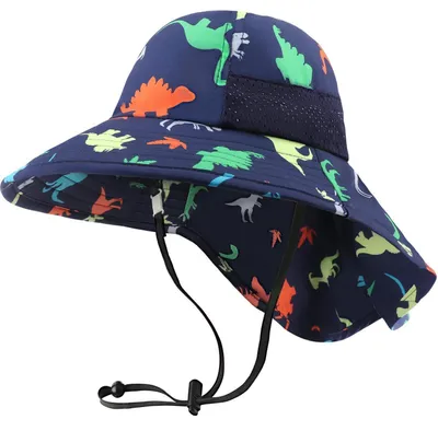 Produktbild von Sonnenhut Baby mit Nackenschutz, Große Krempe, Verstellbar, Faltbar, UV-Schutz, Navy Blue Dinosaur, 6-12 Jahre