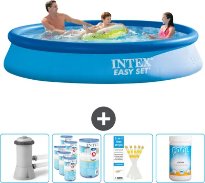 Produktbild von Intex runder aufblasbarer Easy Set-Schwimmpool – 366 x 76 cm – Blau – inklusive Pumpe Filter - Teststreifen - Chlor