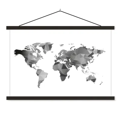 Obrázok produktu pre MuchoWow® Textilný plagát - Mapa sveta - Čierna - Sivá - Biela - Deti - Dievčatá - 90x60cm - S čiernymi lamelami