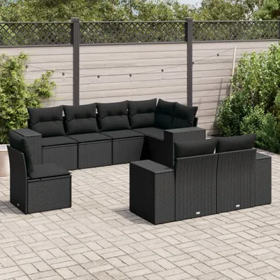 Produktbild von Design 8-tlg. Garten-Sofagarnitur mit Kissen Schwarz Poly Rattan, Gartenmöbel-Sets 2024 Neu