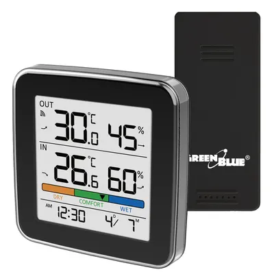 Immagine prodotto di Stazione meteorologica GreenBlue Funk: temperatura e umidità (interno/esterno), orologio, sveglia e data. Misura in °C o °F. Portata fino a 60 metri. Colore: nero. Modello: GB169 B