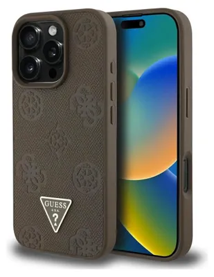Produktbild von Guess Grained Hot Stamp Pfingstrose Dreieck Logo MagSafe - Hülle für iPhone 16 Pro (braun)