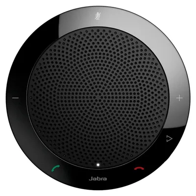 A top-down view of a black Jabra SPEAK 410 VoIP speakerphone.