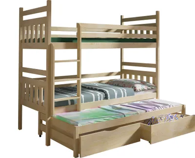 Produktbild von KEF Lena Etagenbett Kinder Etagenbett 3 Personen Holz Kinderbett mit Schubladen ohne Matratze 90x180 cm Kiefer