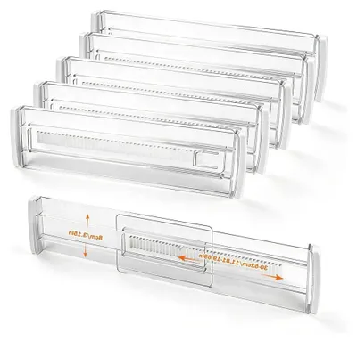 Produktbild von 6 Stück Verstellbare Schubladenteiler, Transparente Kunststoff-Organizer für Schubladen in Küche, Schlafzimmer, Schreibtisch und Kommode (30-52 cm)