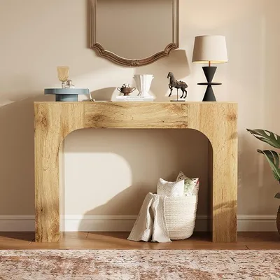 Zdjęcie produktu dla Stolik konsolowy drewniany, 120 cm długości, stolik kawowy do ustawienia za sofą, stolik do przedpokoju w stylu wiejskim, wąski stolik wejściowy w stylu wiejskim do salonu, przedpokoju, wejścia, wymiary: 120x30x84 cm - Naturalny