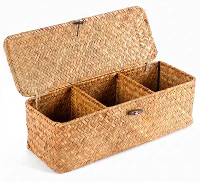 Image de Omgoods - Panier de rangement tressé en herbe de mer avec couvercle
