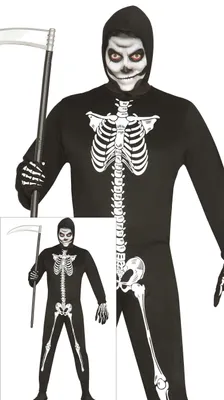 Productafbeelding van Skelett-reinigingspak voor Halloween, met capuchon, ideaal voor liefhebbers van griezelige kostuums, geschikt voor feesten en festivals. Maat: 54 - 56 (XL). Kleur: zwart