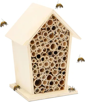 Image de Hôtel à insectes en bois, résistant aux intempéries, dimensions : 11,6 x 9,5 x 7 cm, avec des tubes en bambou, idéal pour les abeilles sauvages