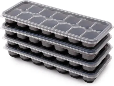 Produktbild von Eiswürfelform Silikon 4er Set mit Deckel, stapelbar, 56 Eiswürfel, BPA frei, für Whisky, Cocktails & Kaffee, platzsparend