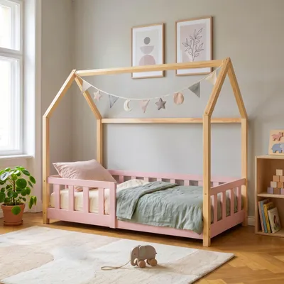 Produktbild von Hausbett ‘Hesel’ für Kinder mit Rausfallschutz 70 x 140 cm Kiefernholz Rosa/Natur