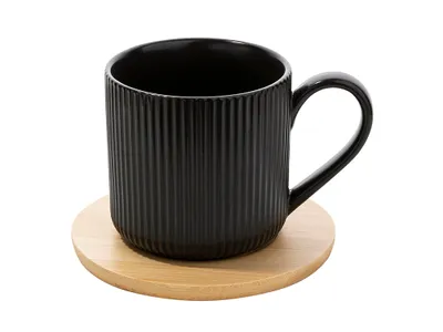 Produktbild von Alisa schwarz gestreifte geriffelte Tasse 260ml mit Bambus Untertasse