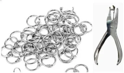 Imagen del producto de Anillos metálicos para encuadernación, de 15 mm y 20 mm de diámetro, paquete de 100 unidades, incluye perforadora de 6 mm