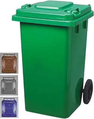 A green trash bin with smaller images of other colored bins on the left.