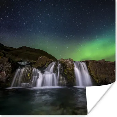 Produktbild von MuchoWow® Poster Nordlicht - Wasserfall - Island - Natur 50x50 cm - Wohnzimmerdekoration