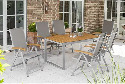 Obrázek produktu pro Sada zahradního nábytku Merxx Naxos 7 ks, 6 skládacích křesel, 1 rozkládací stůl 150 (200) x 90 cm – hliník/textil/akácie