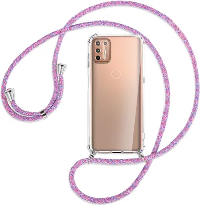 Produktbild von Handykette Backcover-Schutzhülle mit Band (Metall silberfarben) für Motorola Moto G9 Plus - lila/rosa/blau