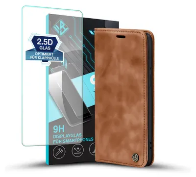 Produktbild von Handy Hülle für Apple iPhone 13 Pro mit 9H Displayglas Klapphülle Bookcase Flip Cover Handy Tasche Etui Farbe: Hellbraun
