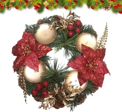 Produktbild von Unyqoos® Weihnachtskranz mit 4 Teelichthaltern, Tannenzweigen & roten Beeren – Kunststoff, 23 x 23 x 9 cm