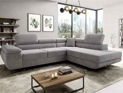 Produktbild von Easy4You Ecksofa Grau Astorp Kord L-Form – 277 cm - Schlafsofa mit Bettkasten und Schlaffunktion - Eckcouch mit Stauraum und Metallfüße – Rechts – Stoff Kord Poso 55