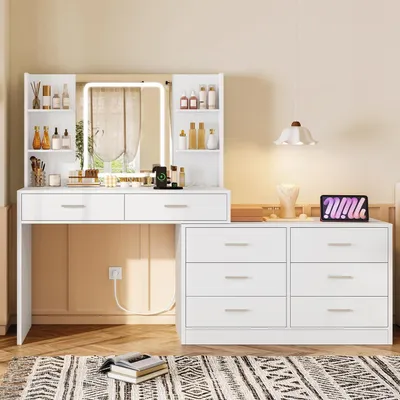 Obrázok produktu pre Toaletný stolík s LED osvetlením, zásuvkou, 8 zásuvkami, v tvare "L", bielej farby