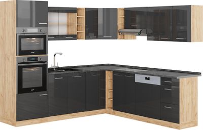 Vicco rohová kuchyňa R-Line, 237 x 247 cm, AP antracit, antracit vysoký lesk/dub Goldkraft