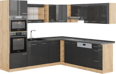 Produktbild von Eckküche Vicco R-Line Anthrazit Hochglanz/Goldkraft Eiche 247 x 60 cm , AP Anthrazit, Model 43297