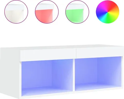 A white TV cabinet with two open compartments illuminated by blue LED lights. Above the cabinet are circular insets showing different LED color options (white, red, green) and a color wheel.
