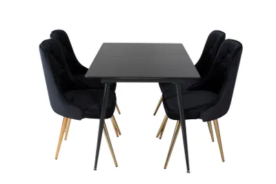 Produktbild von SilarBLExt Essgruppe Esstisch Ausziehbarer Tisch Länge cm 120 / 160 schwarz und 4 Velvet Deluxe Esszimmerstühle Velour schwarz, Messing Nachbildung.
