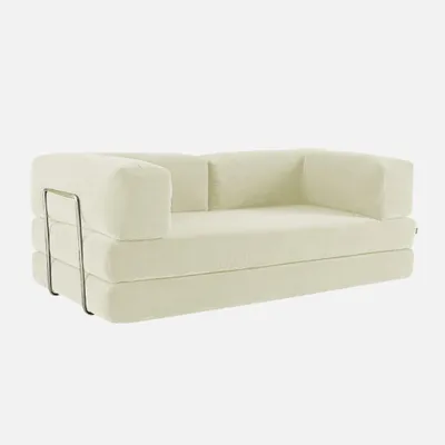 Immagine prodotto di sweeek - Divano letto a 3 posti in stile vintage con rivestimento in velluto a coste e struttura esterna cromata - Bianco antico
