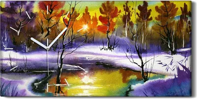 Produktbild von Wandbild Leinwand Bilder Wanduhr 60x30 Bild See im Wald Aquarell Landschaft - weiße Hände