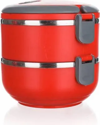 A two-tiered red stainless steel lunch container with gray latches and silver trim, shown against a white background.