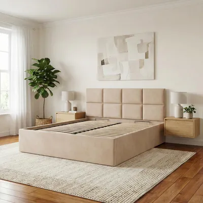 Produktbild von Polsterbett BORGO 180x200 mit Holzlattenrost, Doppelbett ohne Bettkasten, Bett mit gepolstertem Kopfteil Beige Samt