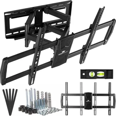 A black TV wall mount with various accessories, including screws, wall plugs, a spirit level, and mounting brackets, displayed against a white background.