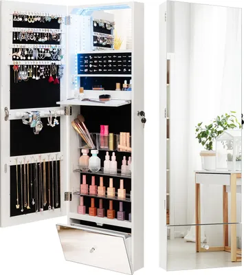 Produktbild von Wandschrank für Schmuck, abschließbarer Schmuckschrank mit Spiegelfront, integriertem Kosmetikspiegel, Veloursfutter & 3 LED-Leuchten, 120 cm, Weiß