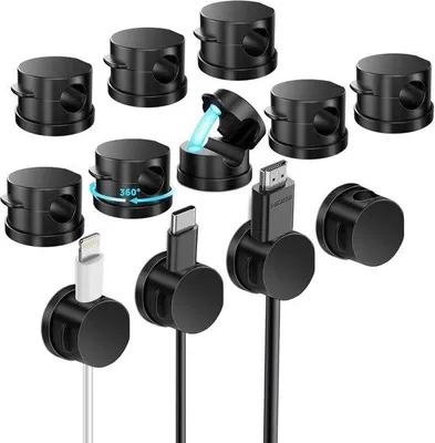 Produktbild von 12 Stück - Magnetische Kabelhalter - Rund - Kabelclips - Schwarz - Drehbar - Kabelclips - Selbstklebend - Kabelmanagement