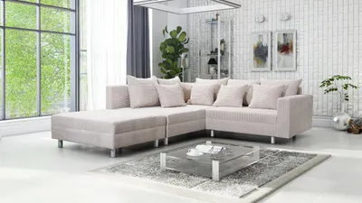 Produktbild von Wohnlandschaft Sofa Couch Ecksofa Eckcouch Cordstoff beige + Hocker Minsk L
