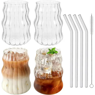 Image de Lot de 4 verres de 530 ml en verre borosilicaté, avec pailles, pour café et cocktails