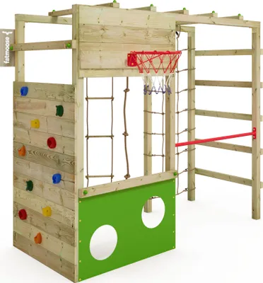 A wooden climbing frame with various activities like a climbing wall, basketball hoop, and monkey bars.