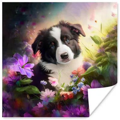 Produktbild von MuchoWow® Poster Welpe - Sonne - Blumen - Natur - Border Collie - Hund 100x100 cm - Babyzimmer