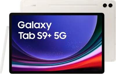 A Samsung Galaxy Tab S9+ 5G tablet with its stylus is shown from the front and back.