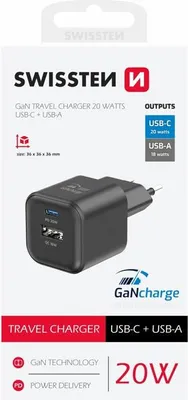 Obrázek produktu pro Swissten, napájecí zdroj USB-C Power Delivery 20W a USB Quick Charge 18W, černý