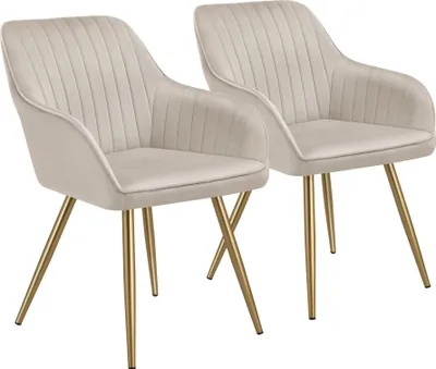 Two beige upholstered chairs with gold legs on a white background.