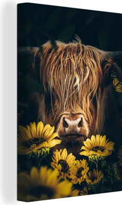 Produktbild von OneMillionCanvasses® - Leinwandbilder - 90x140 cm, Schottische Hochlandrind - Blumen - Kuh - Botanisch - Tiere, Wandbilder Kunstdruck Wanddekoration - Foto auf Leinwand - Gemälde auf - Wandschmucke - Schlafzimmer
